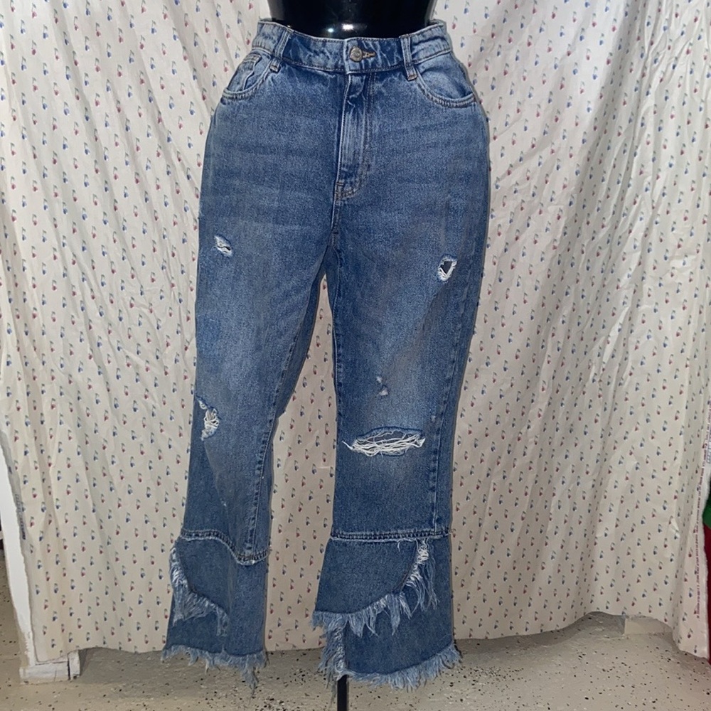 Only Blue Denim Jeans flare distressed frayed ripped raw hem size 27